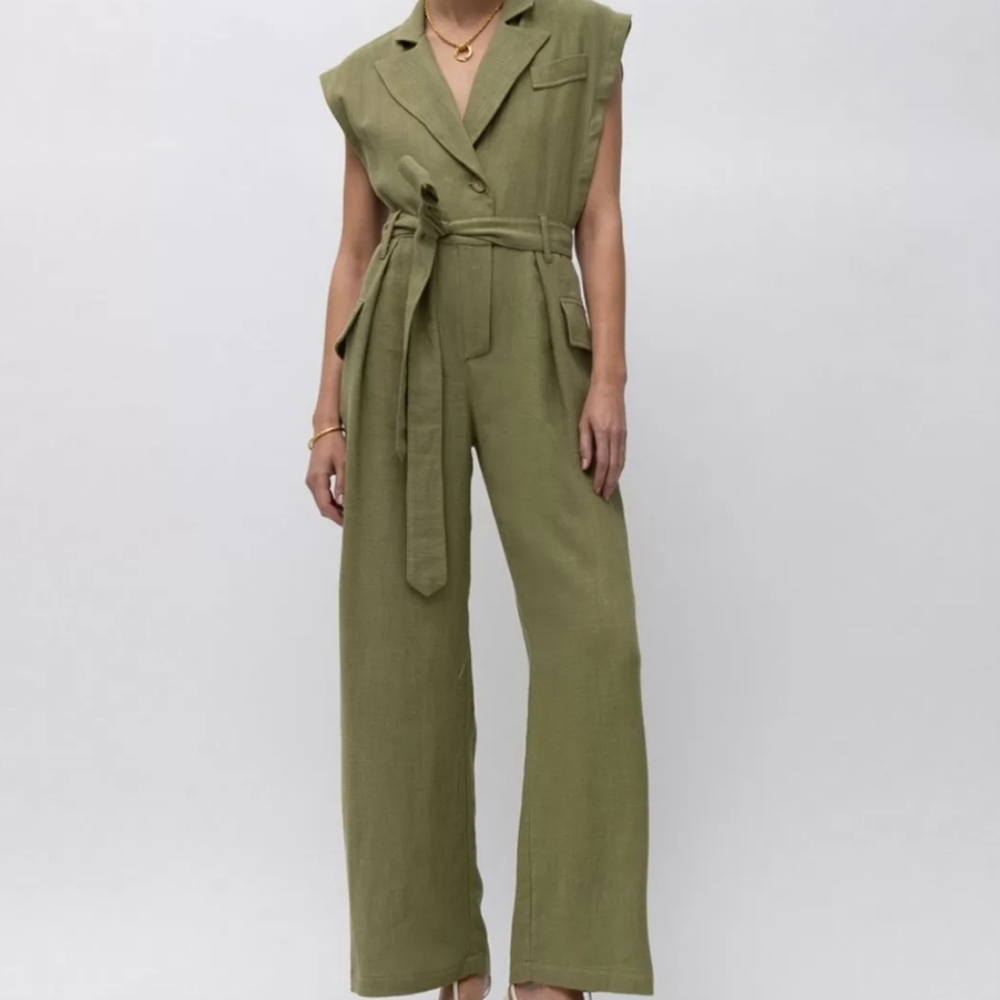 Olive Green Sleeveless Jumpsuit with Tie Belt and Wide Legs